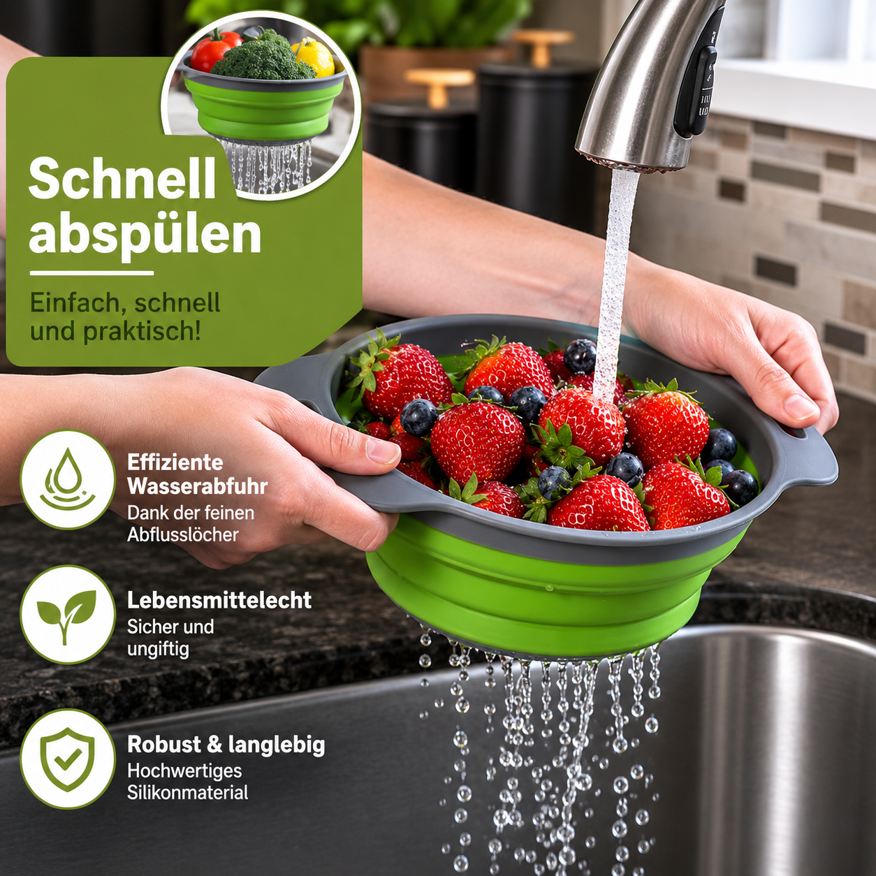 Collapsible Silicone Colander Set | Space-Saving Kitchen Strainers | FlexDrain