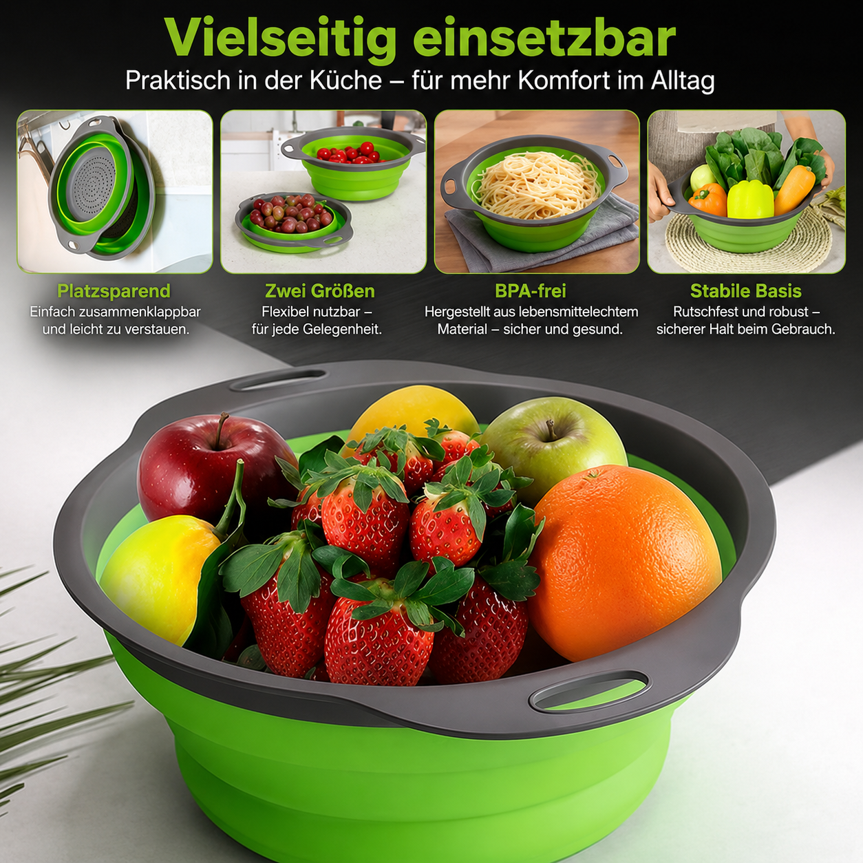 Collapsible Silicone Colander Set | Space-Saving Kitchen Strainers | FlexDrain
