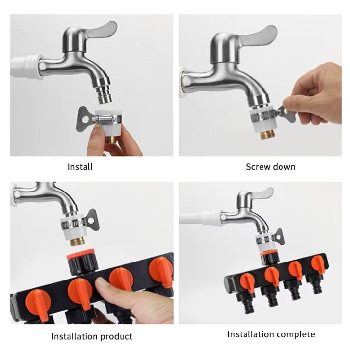 Garden Hose Splitter | 4-Way Adjustable Water Tap Connector | AquaFlow