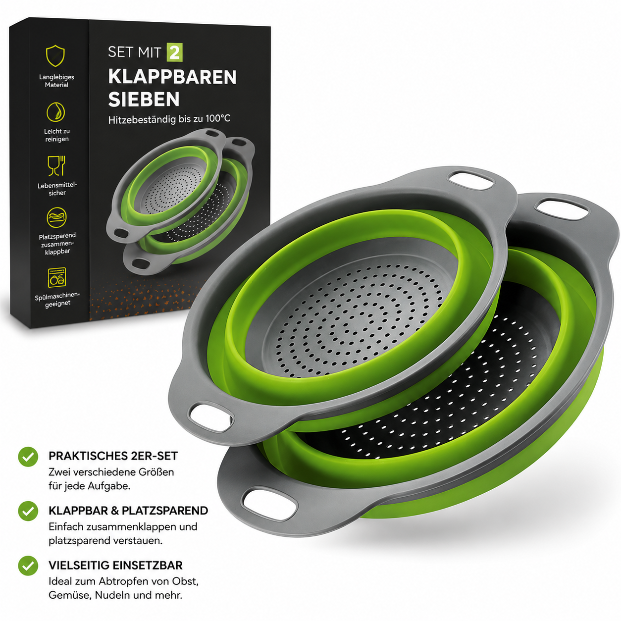 Collapsible Silicone Colander Set | Space-Saving Kitchen Strainers | FlexDrain